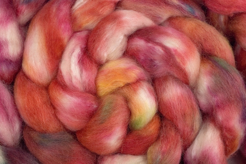 Hand Dyed BFLTussah Combed Top in Fireside 4oz
