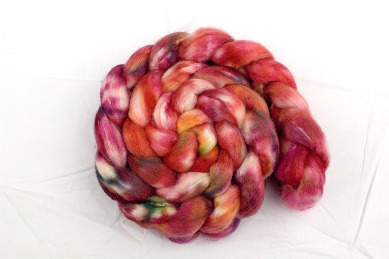 Hand Dyed BFLTussah Combed Top in Fireside 4oz