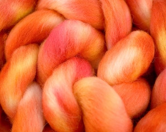 Hand dyed Falkland wool top,  4oz in Random Orange