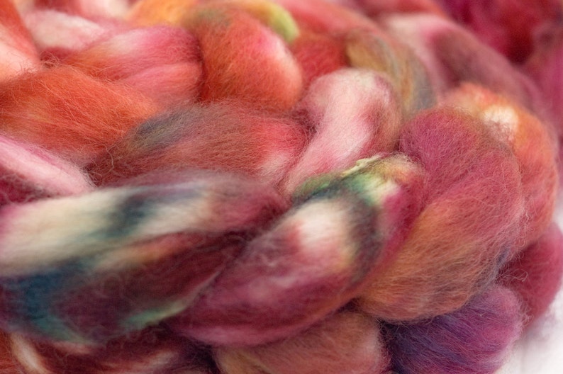 Hand Dyed BFLTussah Combed Top in Fireside 4oz