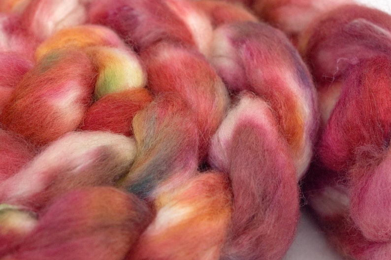 Hand Dyed BFLTussah Combed Top in Fireside 4oz