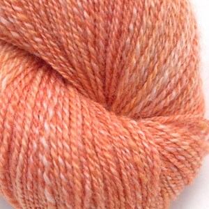 Può includere: Primo piano di un gomitolo di filato di colore arancio pesca con macchie bianche.