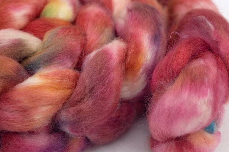 Hand Dyed BFLTussah Combed Top in Fireside 4oz