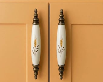 Tiradores de cerámica estilo granja con estampado de trigo, tiradores de latón vintage para cajones, manijas rústicas para armarios de cocina, decoración campestre.