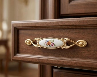 Tirador de porcelana vintage con estampado floral para armario, 128 mm, color dorado. Tirador para cajón, estilo rústico, para cocina o cómoda. Herrajes de estilo shabby chic.