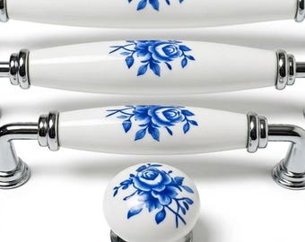 Tiradores de porcelana azul con estampado floral para armarios, tiradores de cerámica blanca para cajones, pomos de estilo shabby chic para habitaciones infantiles, herrajes de cocina de estilo chinoiserie, tiradores decorativos.