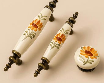 Tiradores de cerámica con motivos florales para cajones, pomos de armarios vintage, tiradores de porcelana pintados a mano, decoración de cocina rústica, pomos de muebles shabby chic.