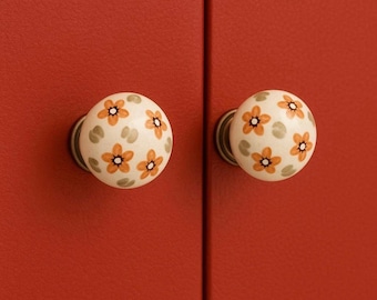 Tirador de armario de porcelana pintado a mano, tirador de cajón de cerámica vintage, tirador de latón antiguo, herrajes decorativos para armarios de cocina.