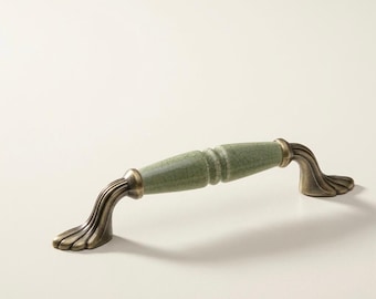 Tirador de cerámica vintage para armario, tirador de cajón de porcelana verde, tirador de muebles de latón antiguo, herrajes para armarios de cocina, 5 opciones de estilo.
