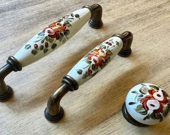 Tiradores de armario de porcelana pintados a mano, tiradores de cajón de latón antiguo color crema, tiradores para muebles de cocina y baño, decoración vintage