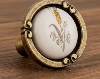 Tirador de armario de porcelana vintage con diseño de trigo, tirador rústico para cajón, manija de cocina de granja, pomo de mueble shabby chic, decoración cottagecore