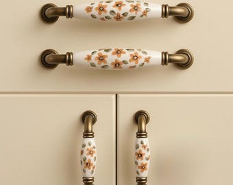 Tirador de armario de porcelana pintado a mano, tirador de cajón de cerámica vintage, tirador de latón antiguo, herrajes decorativos para armarios de cocina.