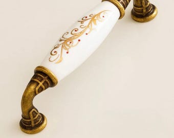 Puxador de porcelana vintage para armário, 96 mm x 128 mm, puxador de gaveta em latão antigo, puxador para armário de cozinha, puxador rústico para móveis.