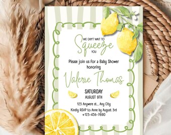 Plantilla de invitación para baby shower con diseño de limón, invitación editable, invitación imprimible para baby shower, descarga instantánea en Canva.