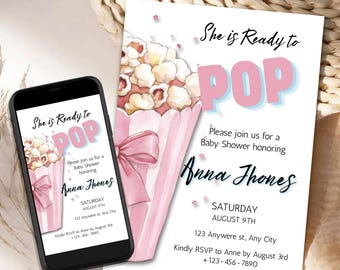 Plantilla de invitación para baby shower con temática de palomitas de maíz, invitación para baby shower, invitación editable en Canva, tarjeta imprimible para baby shower, descarga instantánea.