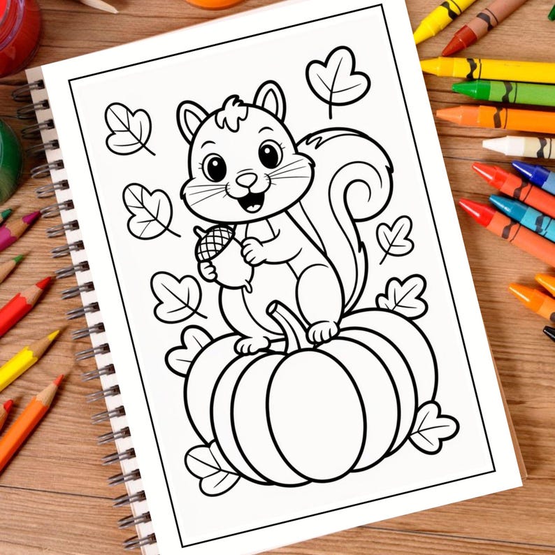 May include: A spiral-bound coloring book page featuring a black and white line art illustration of a squirrel holding an acorn while sitting on top of a large pumpkin, surrounded by several scattered autumn leaves on a wooden surface.