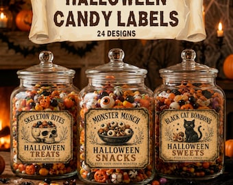 Etiquetas imprimibles para frascos de Halloween, pegatinas vintage espeluznantes, etiquetas para dulces de Halloween, decoración de boticario, decoración de Halloween DIY, descarga digital