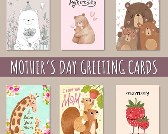 Paquete de tarjetas imprimibles para el Día de la Madre, juego de 6 tarjetas de felicitación, tarjetas dulces para mamá, descarga instantánea, formato A5