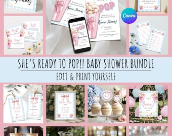 Paquete para baby shower "She's Ready to Pop", diseño editable para baby shower con temática de palomitas de maíz, conjunto imprimible para baby shower, plantillas de Canva, descarga instantánea.