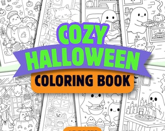 Libro para colorear de Halloween acogedor para imprimir, 25 páginas para colorear llamativas y fáciles, descarga digital en PDF, actividad de otoño.