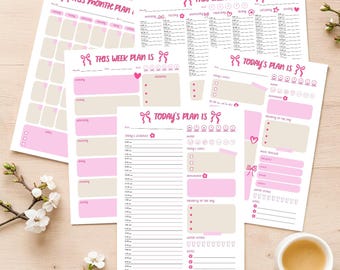 Paquete imprimible de planificador de vida rosa, planificador diario, semanal y mensual, diseños por hora y sencillos, descarga instantánea en formato A4.