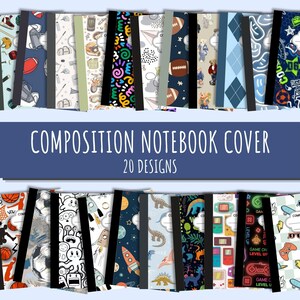 May include: A collection of twenty composition notebook covers featuring diverse graphic patterns including sports equipment, space themes, dinosaurs, retro video games, colorful abstract shapes, teddy bears, and argyle prints with black spines.
