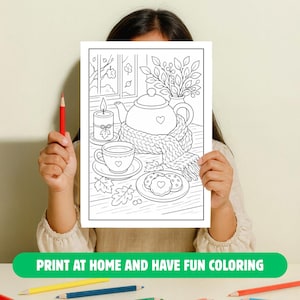 May include: A black and white coloring page featuring a teapot wrapped in a knit scarf, a teacup, a candle, and a plate of cookies on a table. The scene includes a window with falling leaves and a vase of branches. The text reads PRINT AT HOME AND HAVE FUN COLORING.