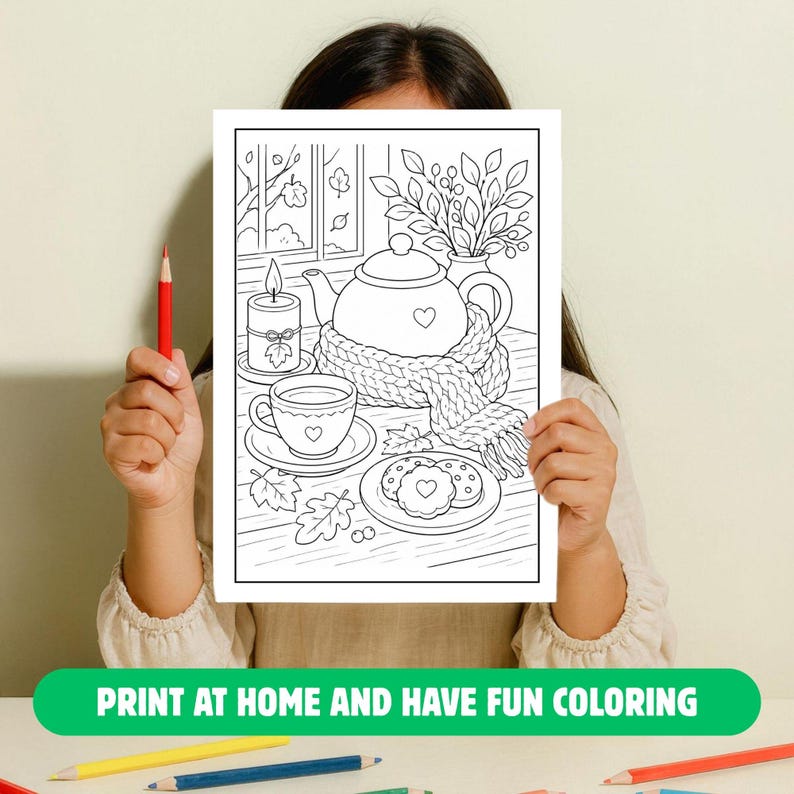 May include: A black and white coloring page featuring a teapot wrapped in a knit scarf, a teacup, a candle, and a plate of cookies on a table. The scene includes a window with falling leaves and a vase of branches. The text reads PRINT AT HOME AND HAVE FUN COLORING.