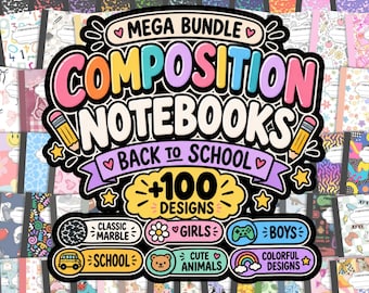 Paquete gigante de portadas para cuadernos de composición, más de 100 diseños imprimibles para la vuelta al cole, portadas para cuadernos escolares, descarga digital en PDF.