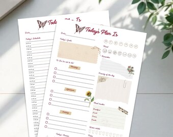 Agenda digital vintage diaria, horario por horas imprimible y diseño sencillo, planificador retro de productividad, descarga instantánea en PDF, formato A4.
