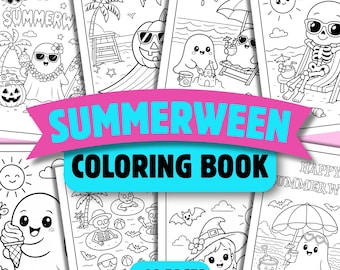 Libro para colorear de Summerween para niños, 20 páginas para colorear llamativas y fáciles, actividad imprimible de verano y Halloween, descarga digital.