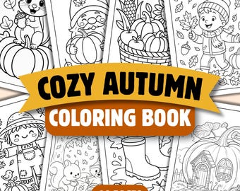 Libro para colorear de otoño acogedor, páginas para colorear de otoño fáciles y llamativas para imprimir, actividad de otoño para niños, descarga digital en PDF.