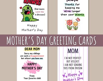 Divertidas tarjetas imprimibles para el Día de la Madre, juego de 4 tarjetas de felicitación, tarjetas humorísticas para mamá, tarjetas tiernas y sarcásticas para mamá, descarga instantánea en formato A5.