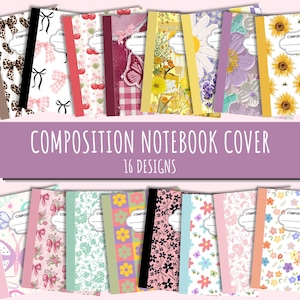 May include: A collection of sixteen composition notebook covers featuring diverse patterns including leopard print bows, cherries, butterflies, sunflowers, daisies, floral motifs, and checkered designs, each with a white label for identification.
