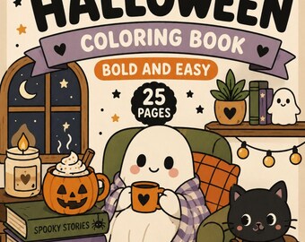 Cozy Halloween Coloring Book Printable, 25 Bold & Easy Coloring Pages, Digital Download PDF, Fall Activity