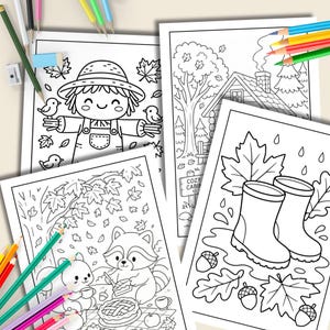 May include: Three black and white coloring pages featuring autumn themes. One page shows a scarecrow with birds, another depicts a cabin in the woods with the text Cozy Cabin, and the third shows a raccoon with a pie and rain boots in a puddle.