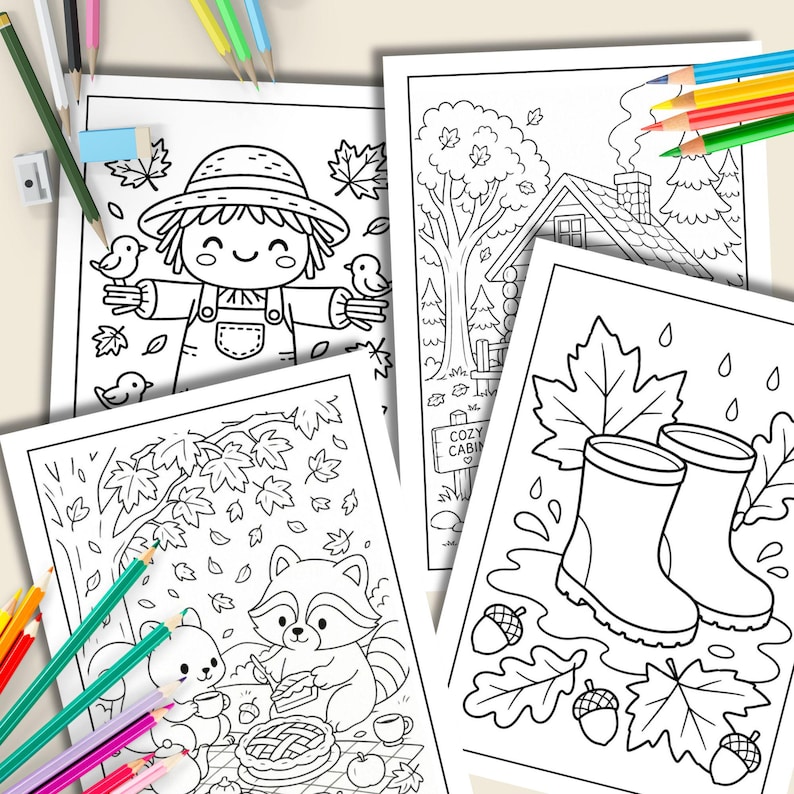 May include: Three black and white coloring pages featuring autumn themes. One page shows a scarecrow with birds, another depicts a cabin in the woods with the text Cozy Cabin, and the third shows a raccoon with a pie and rain boots in a puddle.