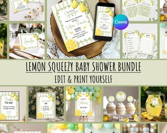 Paquete imprimible para baby shower con temática de limones, lienzo editable para baby shower de verano con cítricos, descarga instantánea.