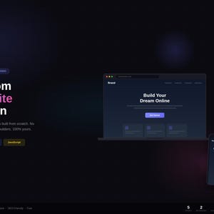 May include: Dark digital illustration promoting custom website design. The image features a laptop and smartphone displaying a website interface with the text "Build Your Dream Online." The design includes the text "Custom Website Design" and coding language options.