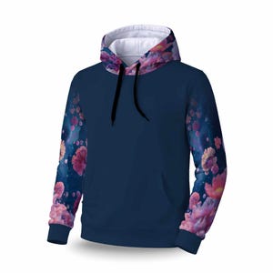 May include: Navy blue hoodie with a white-lined hood and a front pocket. The sleeves feature a floral design with pink and purple flowers against a dark blue background. The hoodie has a drawstring and ribbed cuffs.