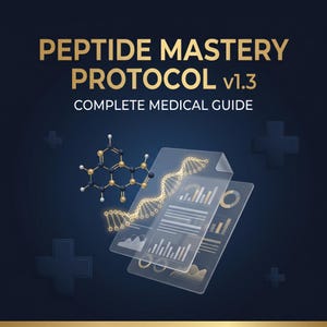 Op de afbeelding: Een donkerblauwe afbeelding met de tekst "PEPTIDE MASTERY PROTOCOL v1.3 COMPLETE MEDICAL GUIDE" in goud. De afbeelding toont een moleculaire structuur en twee transparante vellen met grafieken, allemaal in goud. Plus tekens staan op de achtergrond.