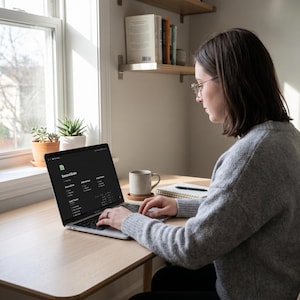 May include: A woman wearing glasses and a gray sweater is seated at a wooden desk, typing on a laptop. The laptop screen displays the words "Second Brain" and other text. A mug, notepad, and potted plants are also visible.