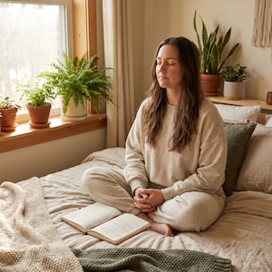 Op de afbeelding: Een persoon in een beige trainingspak zit in kleermakerszit op een bed met een open dagboek. De kamer heeft een raam met potplanten en een neutraal kleurenpalet, wat een rustige en ontspannen sfeer creëert.