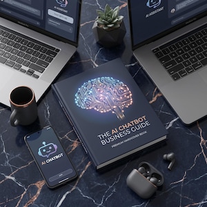Op de afbeelding: Een hardcover boek getiteld "The AI Chatbot Business Guide" met een hersenvormig printplaatontwerp. Een smartphone toont een AI chatbot logo. Twee laptops en draadloze oortelefoons liggen op een donker, patroon oppervlak.