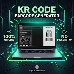 Pode incluir: Um computador portátil exibindo a interface do software KR CODE BARCODE GENERATOR com um gráfico de código de barras em forma de fantasma. O ecrã mostra campos de entrada, opções de cor e o texto 100% OFFLINE e NO SUBSCRIPTION.