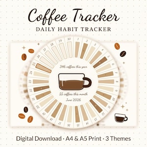 Kaffespårare | Cirkulär daglig vaneplanerare | Digital nedladdning | A4 A5-utskrift | Mörkt läge | Boho-estetik | Omedelbar HTML