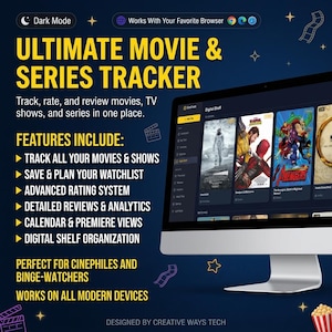 Peut inclure: Une interface numérique de suivi de films et séries affichée sur un écran d'ordinateur. L'écran présente un tableau de bord avec des affiches de films, une étagère numérique et le texte ULTIMATE MOVIE & SERIES TRACKER, track, rate, and review movies, TV shows, and series in one place.