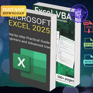 Pode incluir: Dois livros intitulados "Microsoft Excel 2025" e "Excel VBA for Professionals". O primeiro livro tem um logotipo "X" verde e o texto "Download instantâneo". O segundo livro tem um selo "Bónus" e ícones para formatos PDF, EPUB e MOBI.