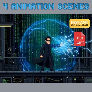 May include: Pixel art graphic featuring a character in a black coat and sunglasses, with a blue energy sphere and lightning effects. The image includes the text "4 ANIMATION SCENES", "INSTANT DOWNLOAD", and "FILE .GIFT".