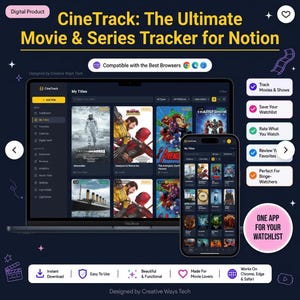 Pode incluir: Uma interface de produto digital intitulada CineTrack: The Ultimate Movie & Series Tracker for Notion exibida num portátil e smartphone. O ecrã mostra uma biblioteca de filmes com cartazes, menus e listas de funcionalidades.